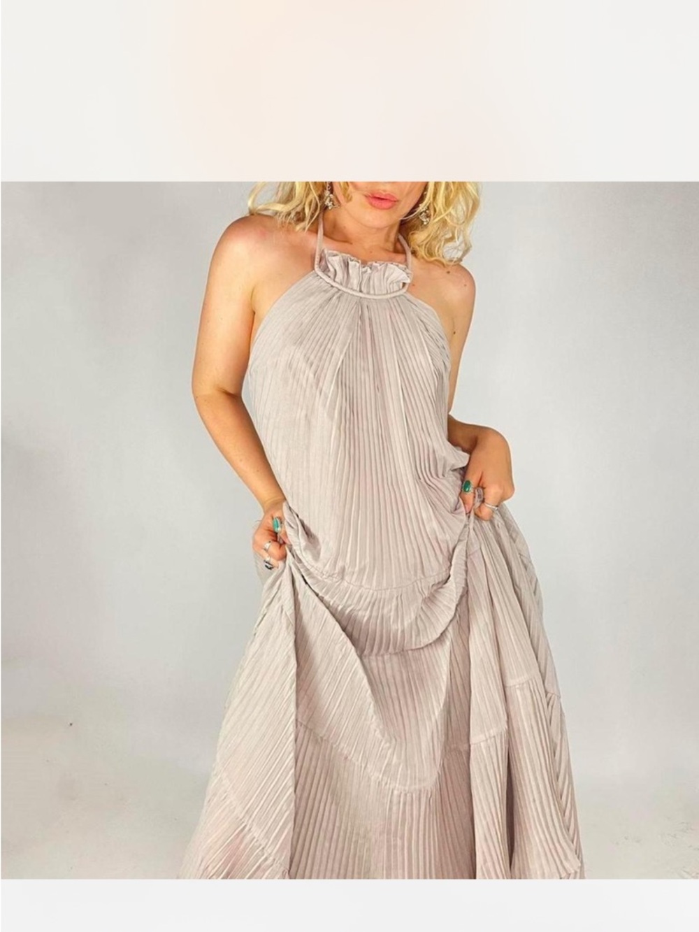 Elegant Pleated Halter Maxi Dress - Cream
